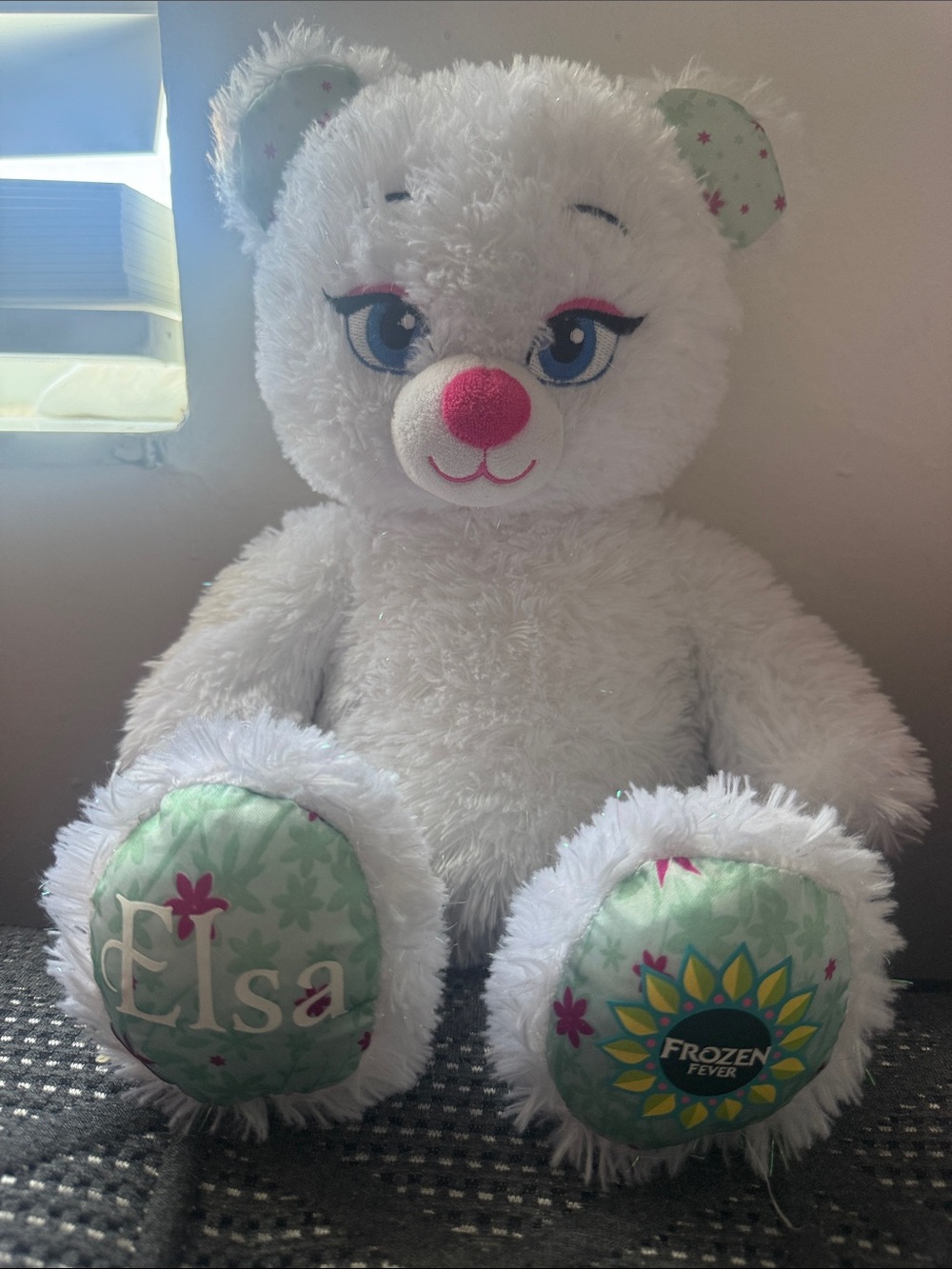 Build-A-Bear White Elsa Frozen Fever Plush with Pink Nose and Green Accents